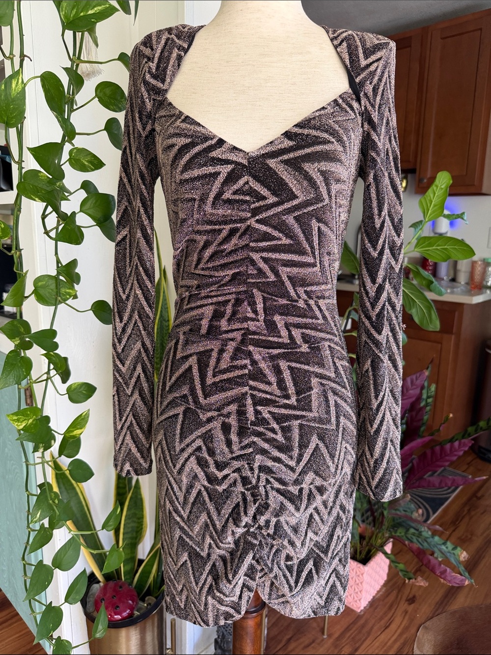 ba&sh Long-Sleeve Metallic Zigzag Dress in Black and Silver